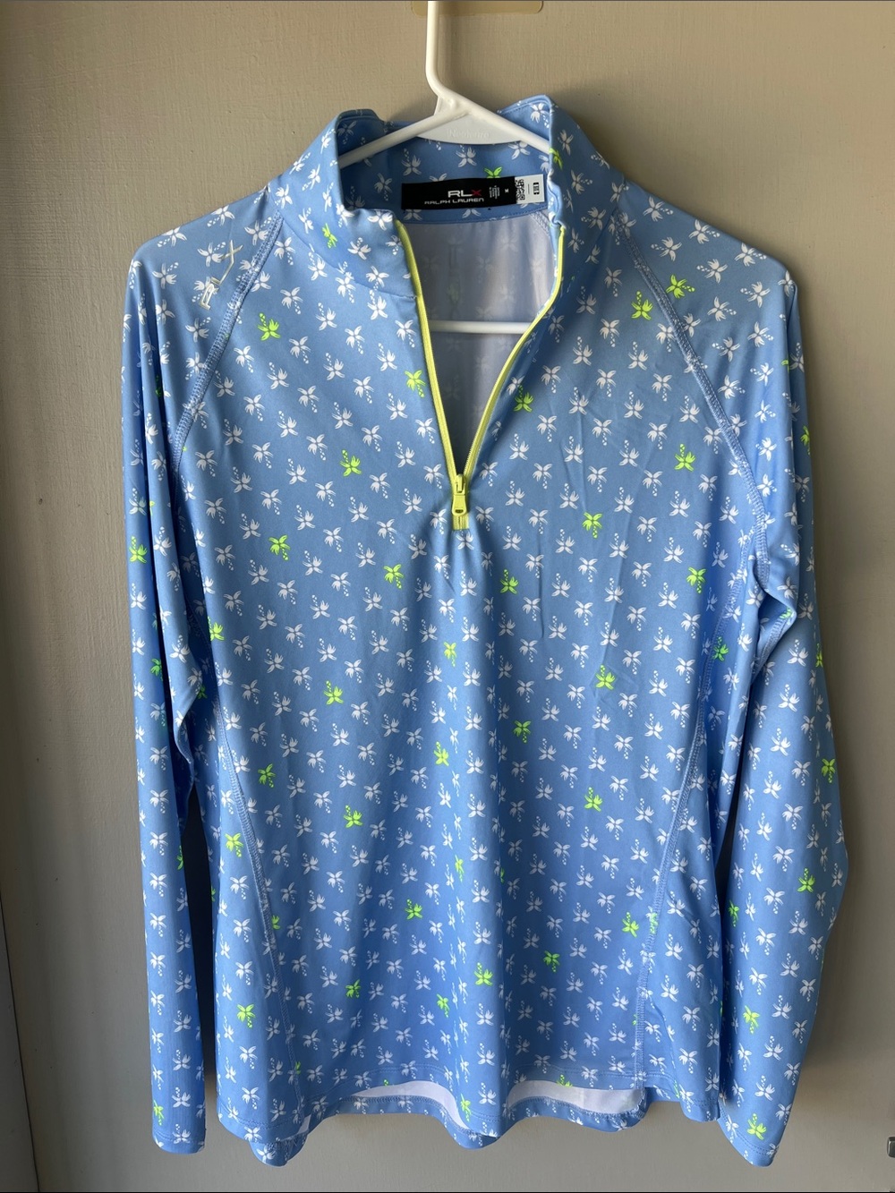 RLX Ralph Lauren Light Blue Floral-Print Half-Zip Pullover with Neon Lime Trim